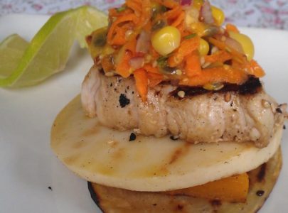 Grilled Heart of Palm with Fish & Carrot-Corn-Passionfruit Salsa