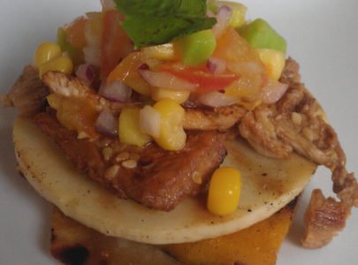 Grilled Heart of Palm with Sesame Chicken, Avocado and a Corn Salsa